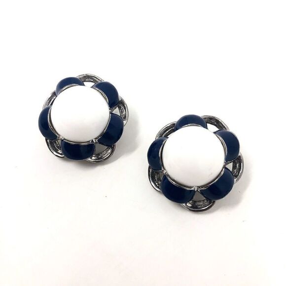 Vintage Enamel Lucite Silvertone Clip Earrings Nautical Patriotic Colors - Picture 2 of 5